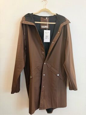 Rains unisex Brown and Black Long Hooded Rain Jacket size medium NWT